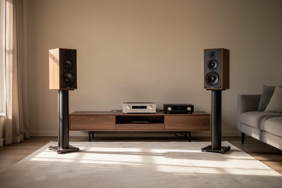 Passive bookshelf speakers in a softly lit living room with an amplifier on a low console