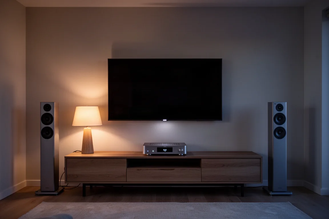 Compact media room at dusk with a low console, television and slim floorstanding speakers