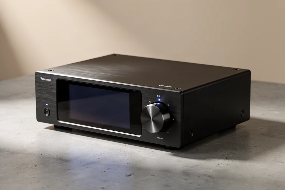 Compact HiFi Rose RS201E network streamer and amplifier with a large front touchscreen