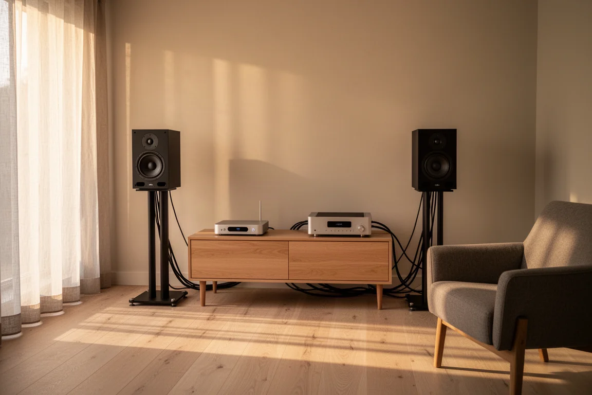 Two-channel listening room at golden hour with bookshelf speakers on stands and a compact silver streamer