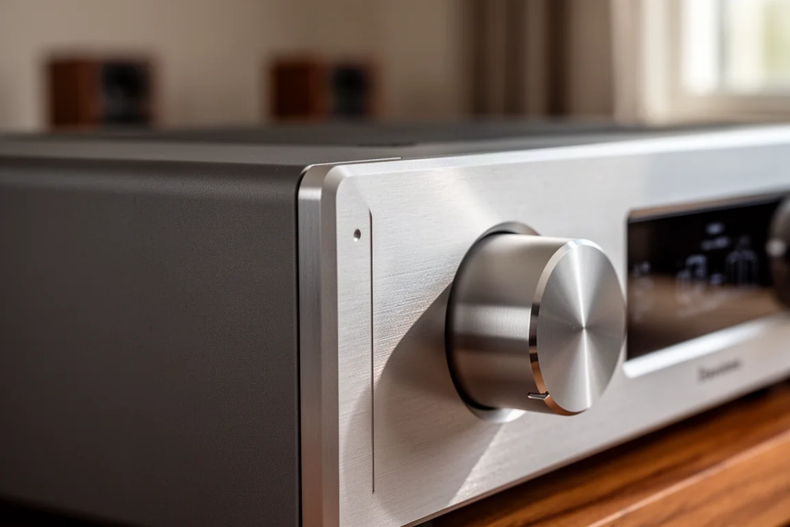 Macro detail of a brushed aluminium audio chassis edge and a smooth rotary volume knob