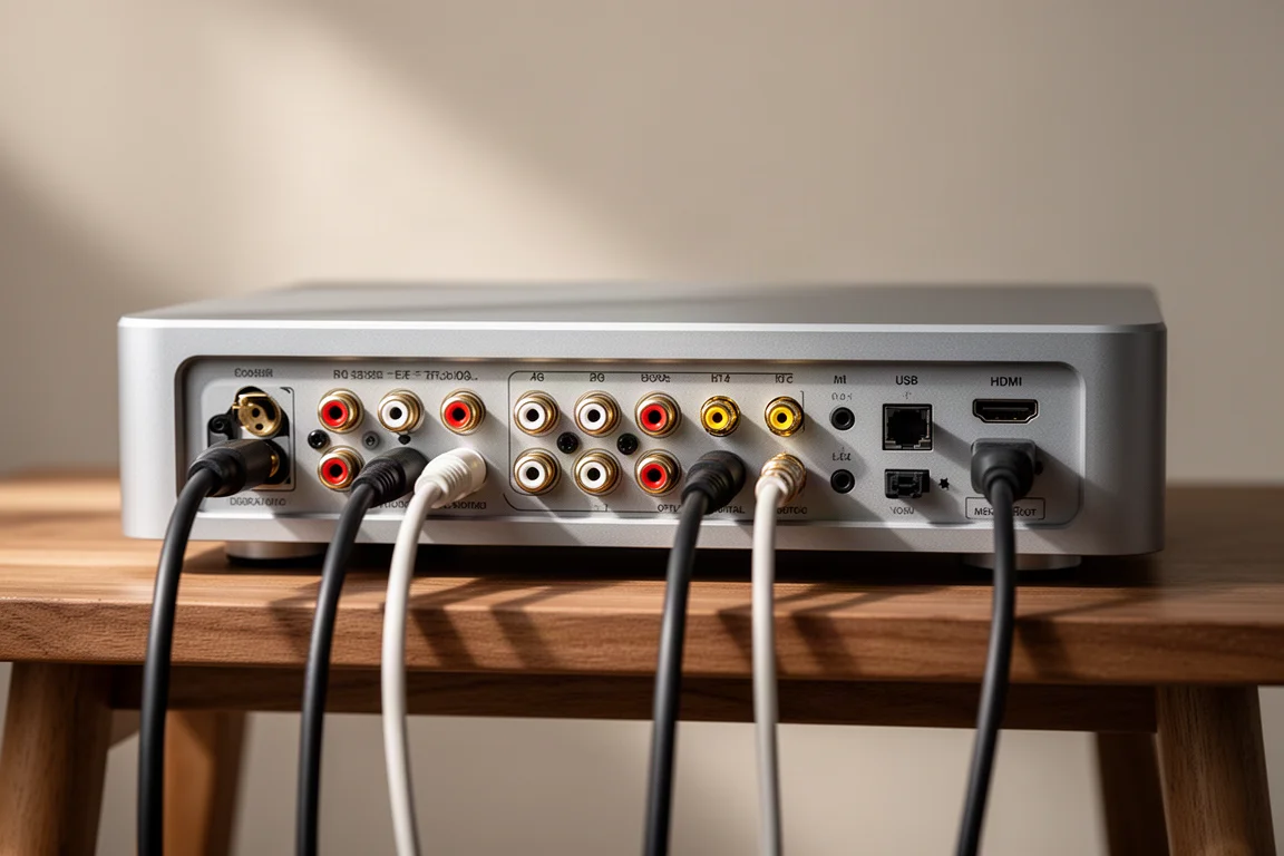 Rear panel of an audio streamer showing RCA, coaxial, optical, USB and HDMI connectors with cables