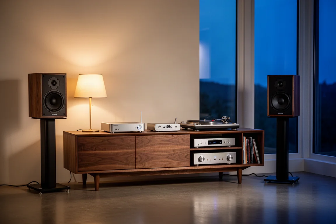 Home listening corner at dusk with a streamer, turntable, amplifier and stand-mounted speakers