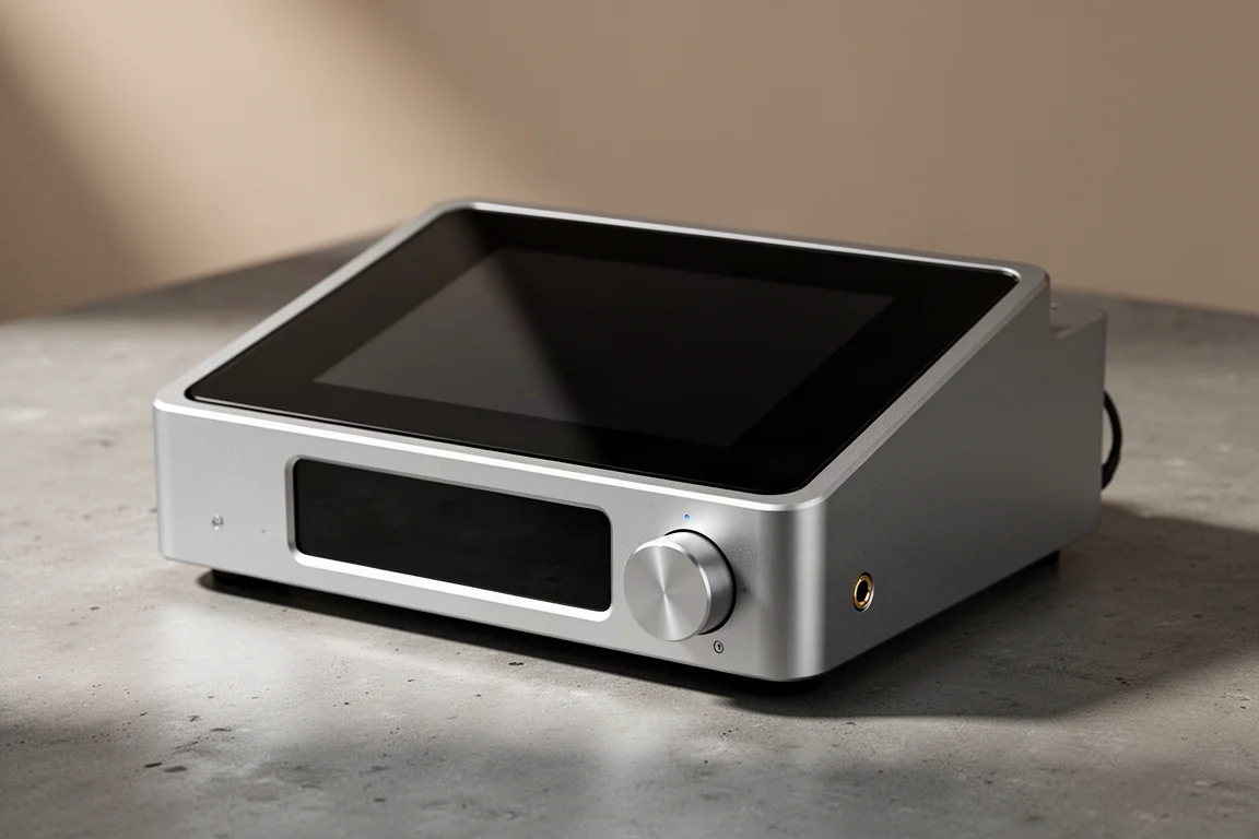 Compact silver aluminium network audio streamer with a large angled black touchscreen