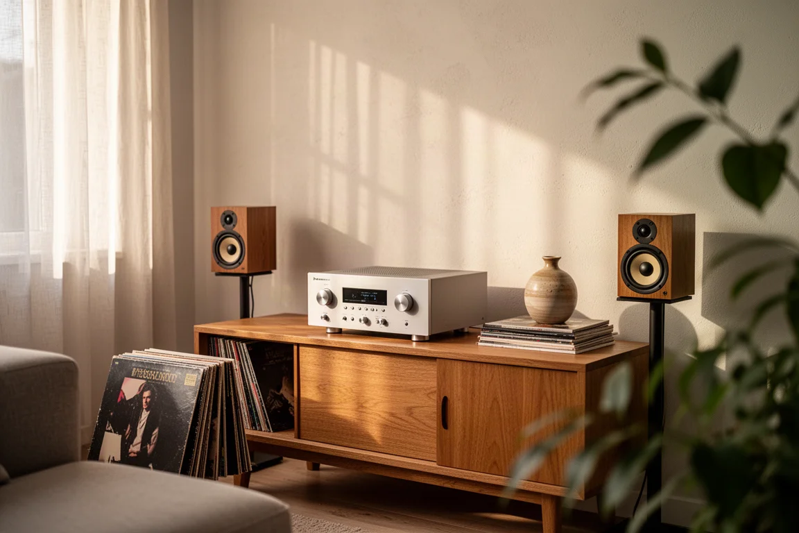 Compact streaming amplifier on an oak sideboard in a calm living room with bookshelf speakers