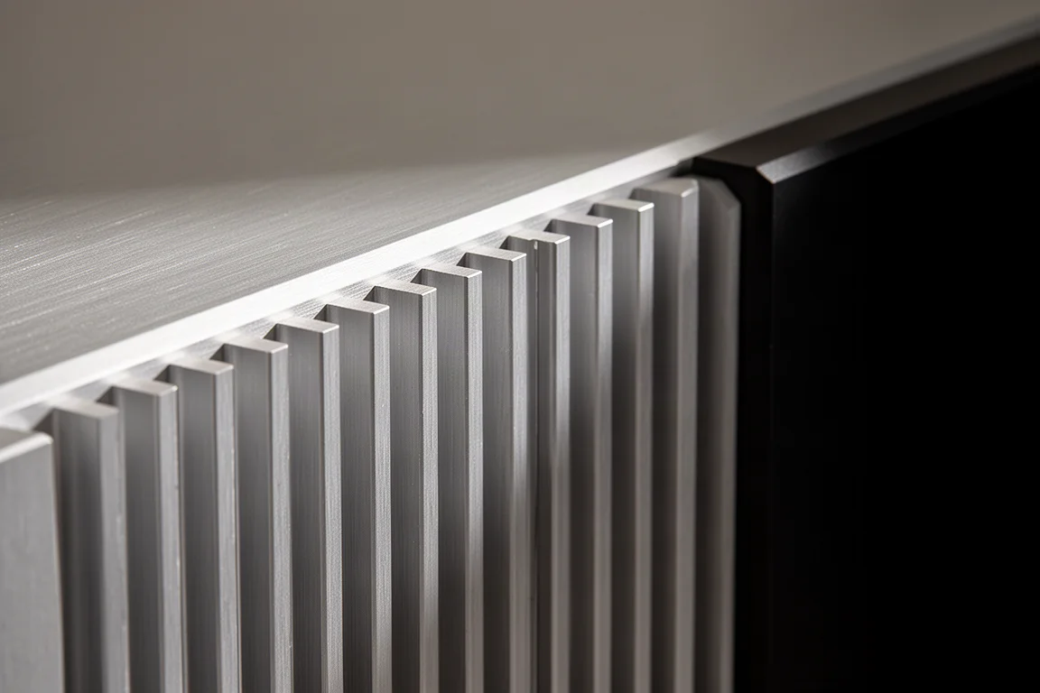 Close-up of a brushed aluminium amplifier chassis with fine vertical heat-sink fins