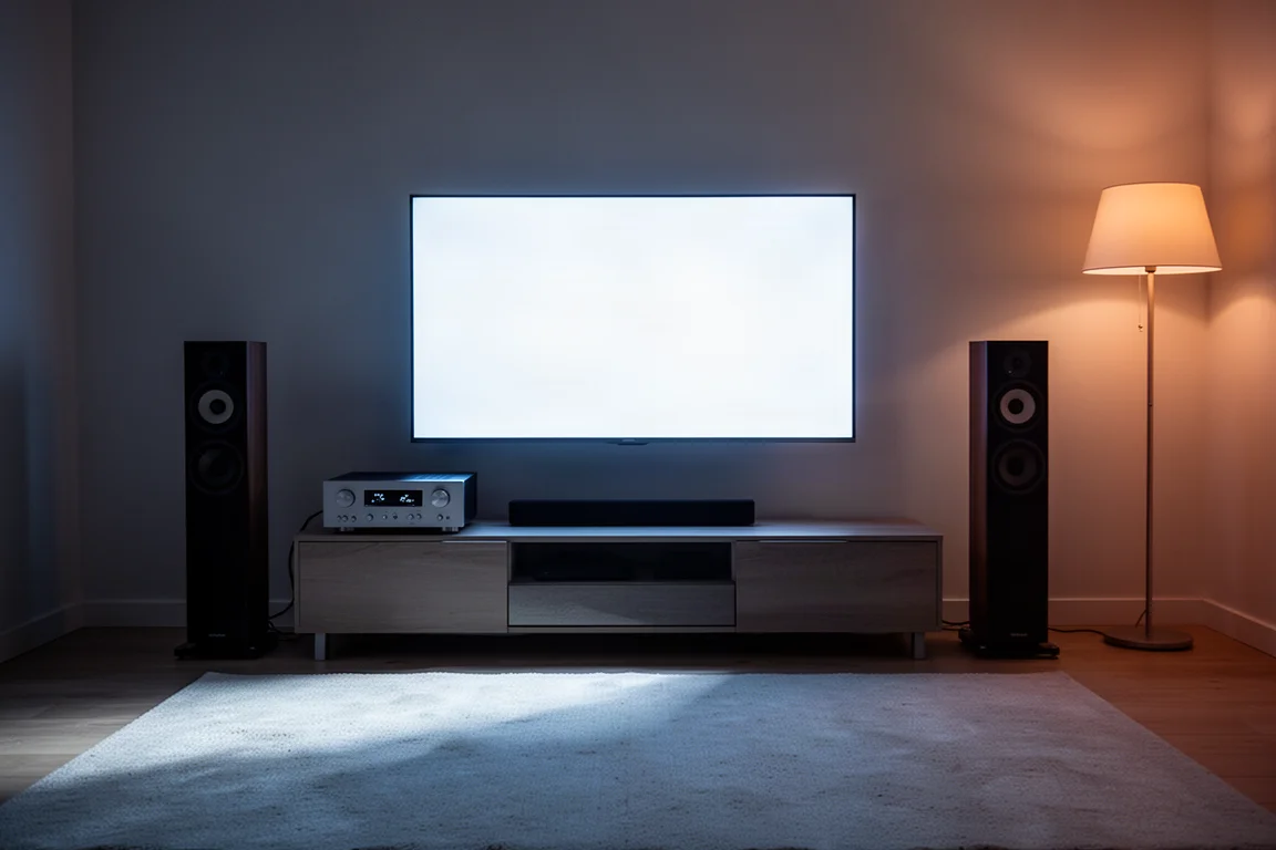 Dimly lit living room at night with a glowing television and two floor-standing speakers