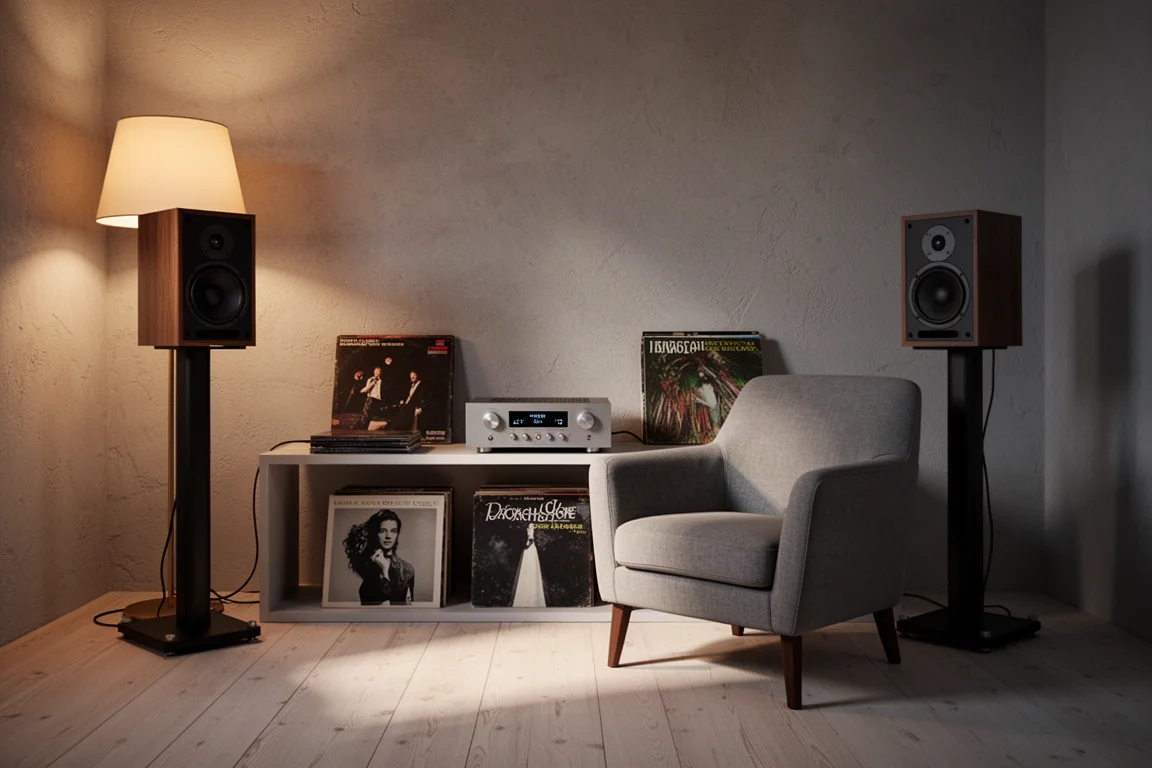 Listening corner with stand-mounted speakers, an amplifier on a low shelf and vinyl records