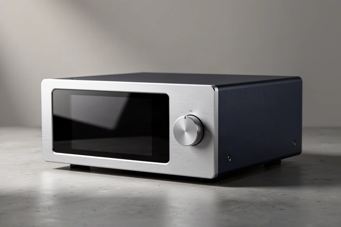 Three-quarter width aluminium streaming amplifier with large front touchscreen on a concrete surface