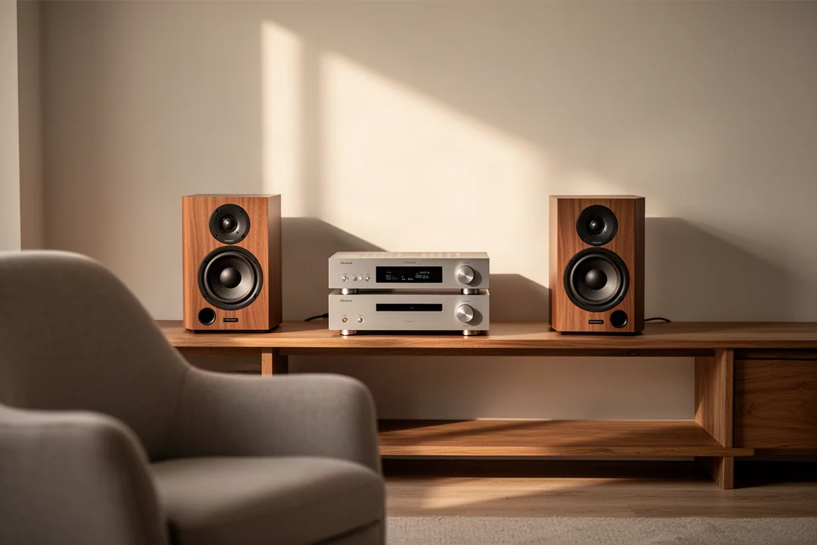 Compact stereo system on a low wooden shelf in a quiet living room with standmount speakers