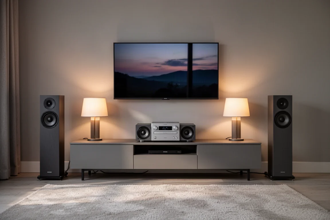 Modern living room at dusk with a stereo system on a media console and a wall mounted television