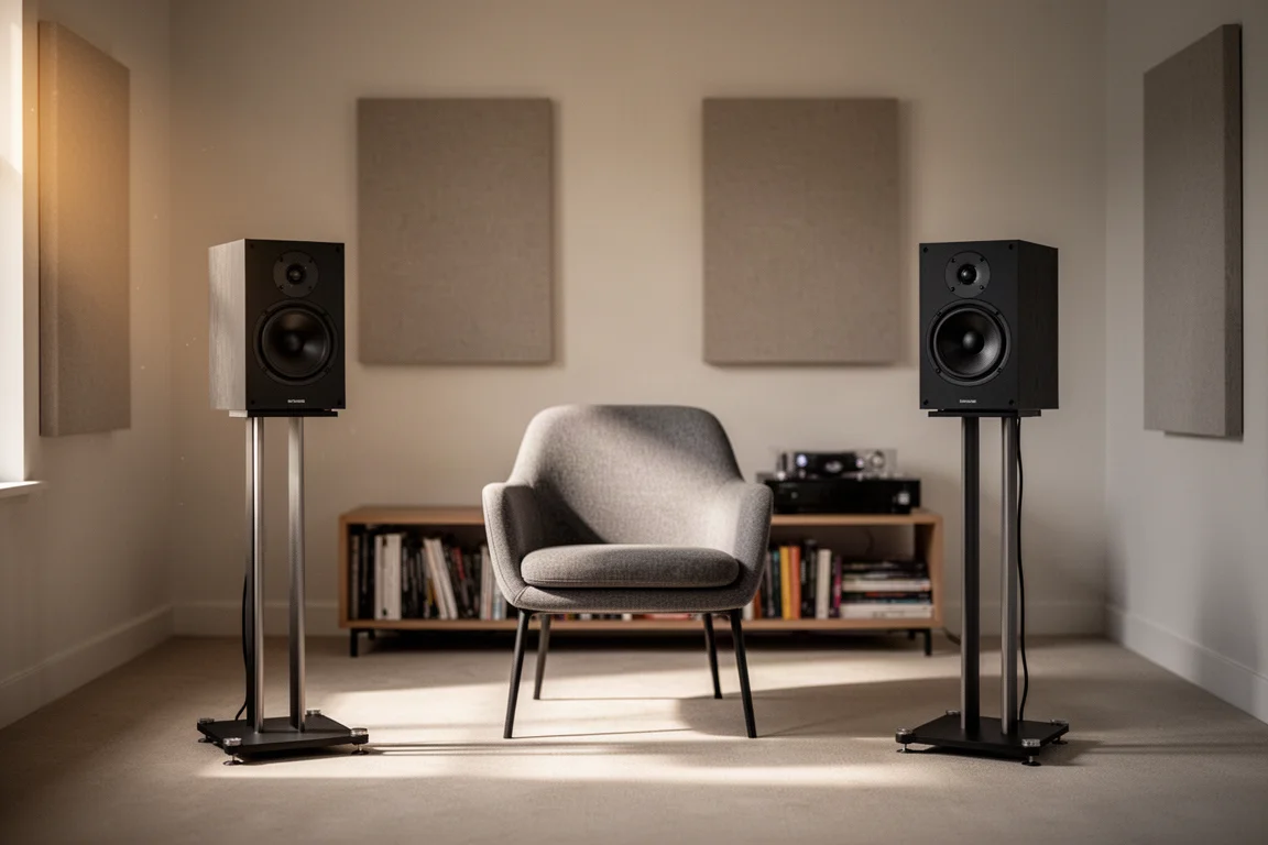 Pair of black standmount speakers on metal stands in a small listening room