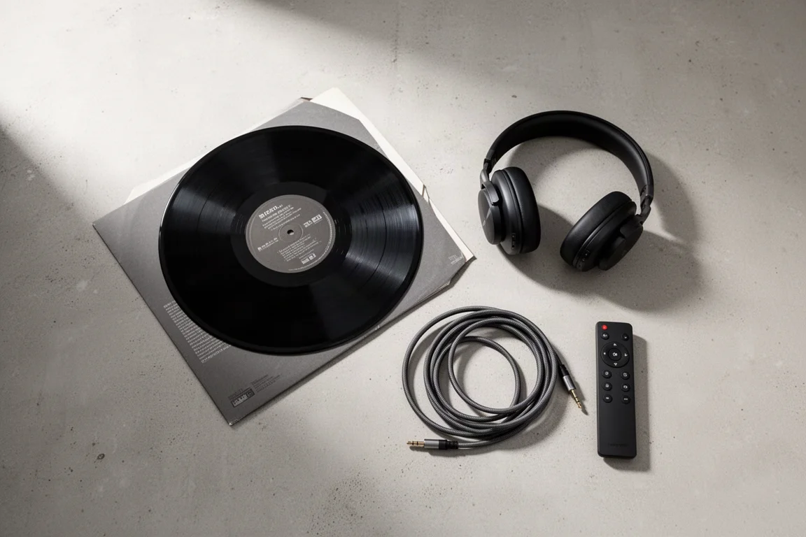 Overhead flat lay of a vinyl record, headphones, speaker cable, and a slim remote on concrete