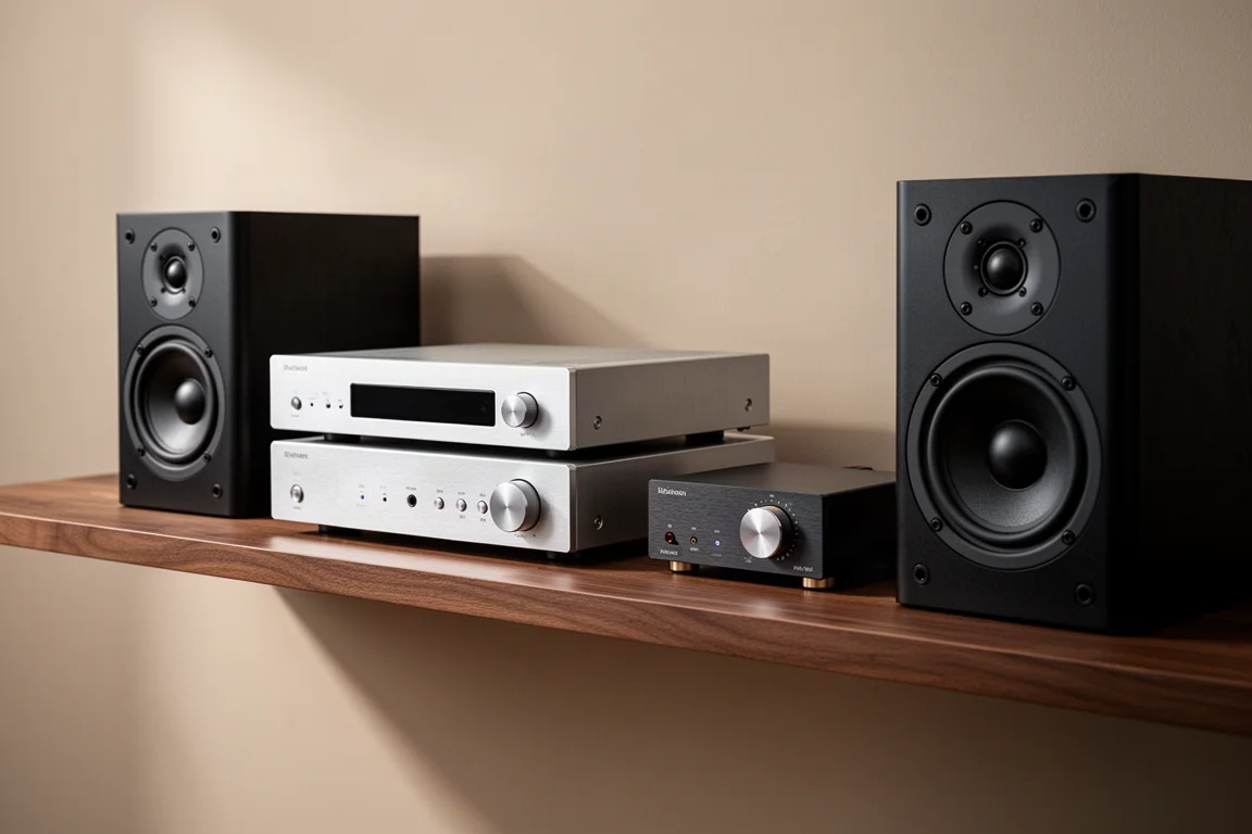 Compact stereo amplifier, streamer, DAC, and pair of standmount speakers on a walnut shelf