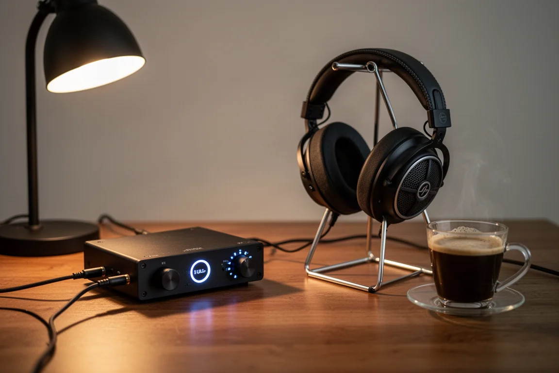 Bureau en vue plongeante avec un ampli casque, un smartphone, un DAC portable et un câble en spirale