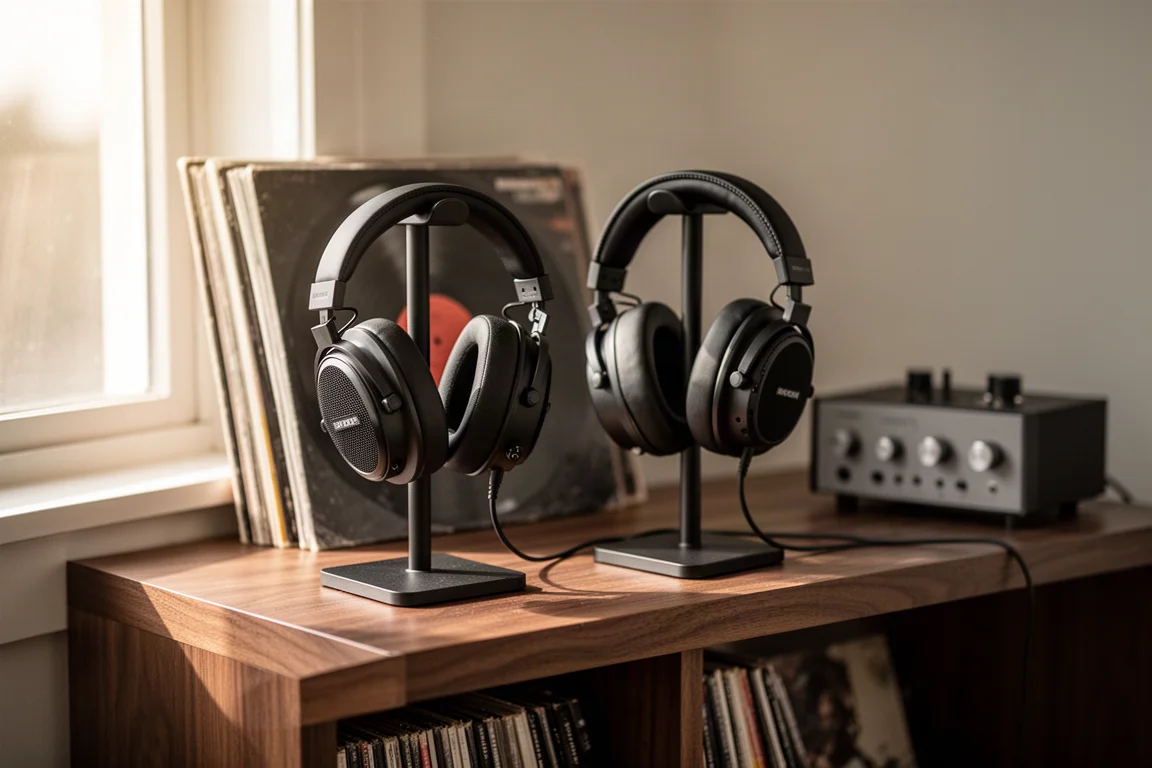 Coin d'écoute avec un fauteuil, des vinyles empilés et un support à casque au crépuscule