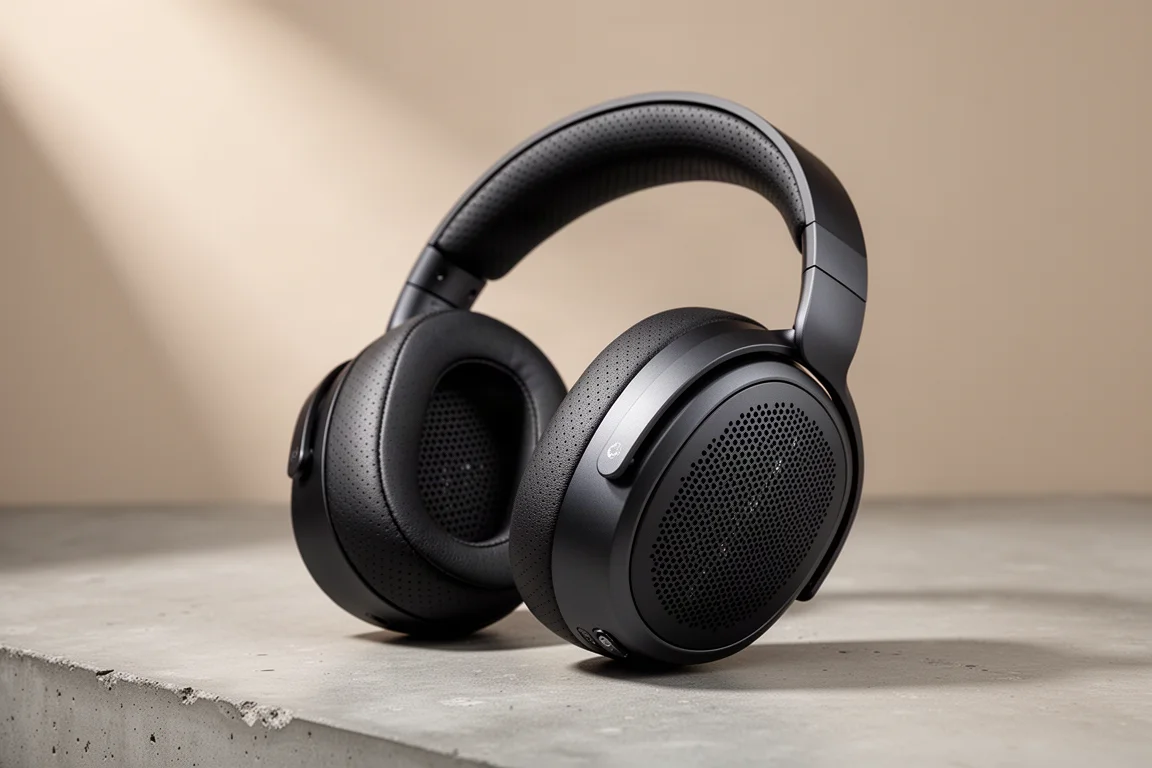 Open-back planar magnetic over-ear headphone resting on a matte concrete surface