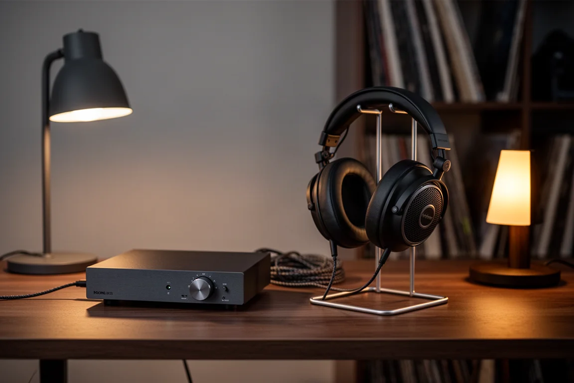 Escritorio de escucha tranquila al atardecer con un amplificador de auriculares y auriculares abiertos en un soporte
