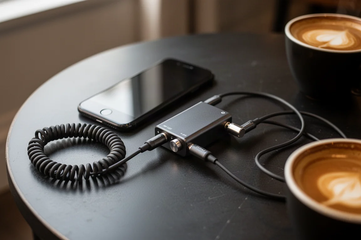 Amplificador de auriculares portátil y teléfono sobre una mesa de cafetería con cable en espiral