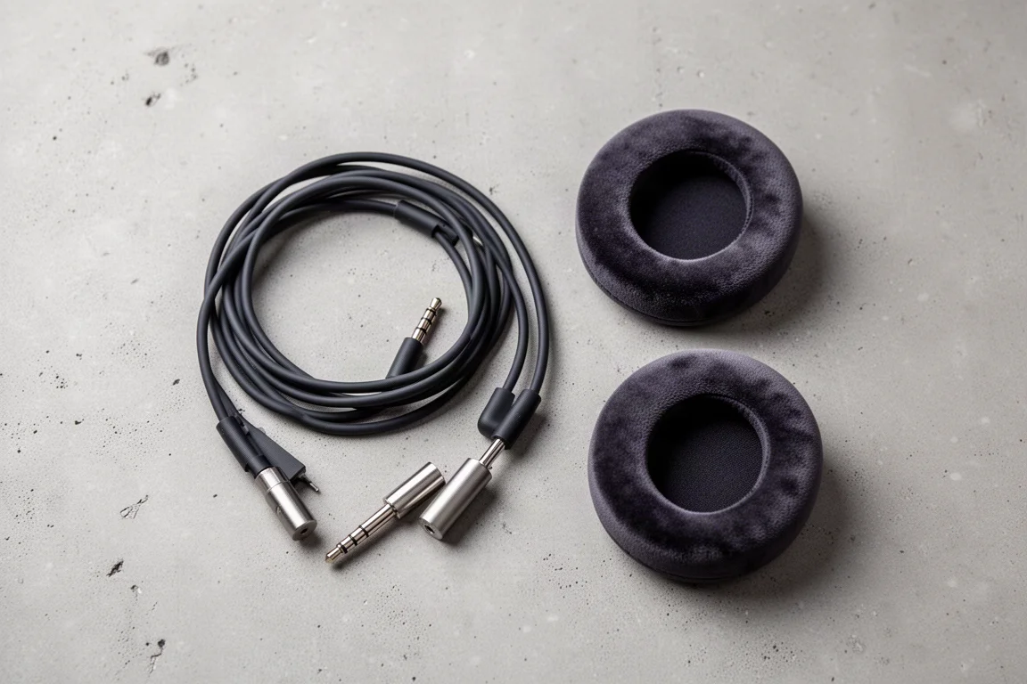 Vista cenital de un cable de auriculares, adaptador y almohadillas de terciopelo sobre hormigón