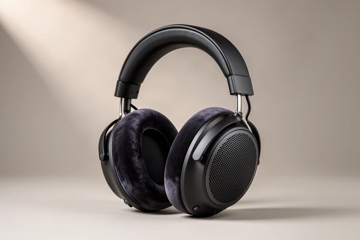 Open-back planar magnetic over-ear headphones with mesh grilles on a neutral grey backdrop