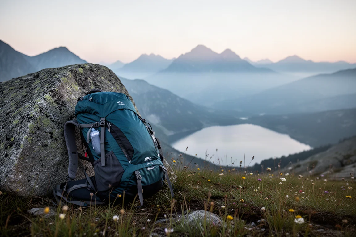 High alpine bekken bij het eerste licht met een kleine tent en rugzak op graniet