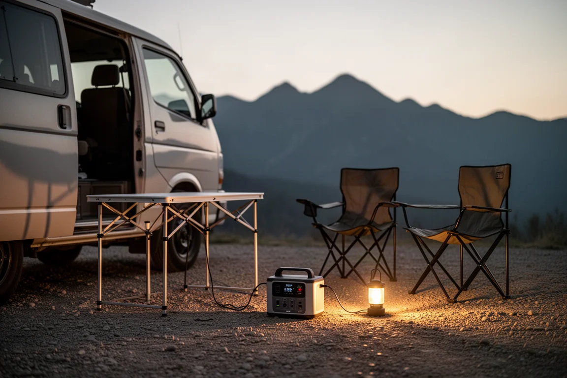 Interieur van een kleine backpackingtent in de schemering met een quilt en slaapmat uitgespreid