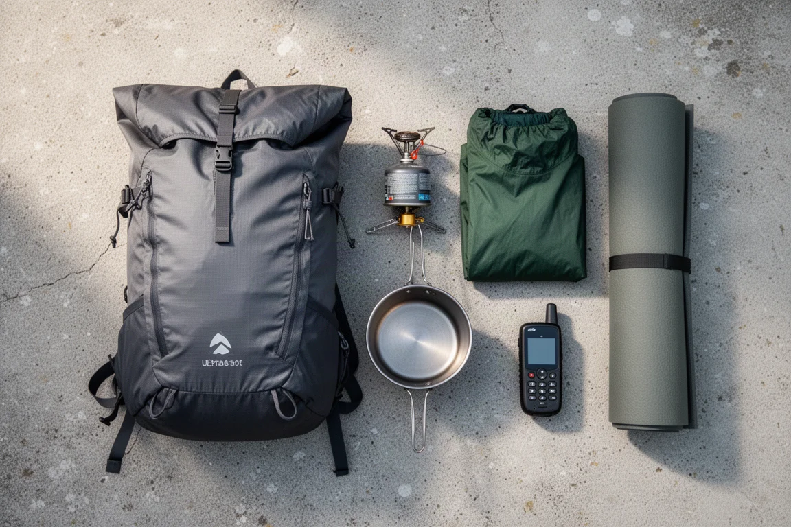 Attrezzatura da backpacking in alta quota disposta su una lastra di granito nella luce soffusa del mattino