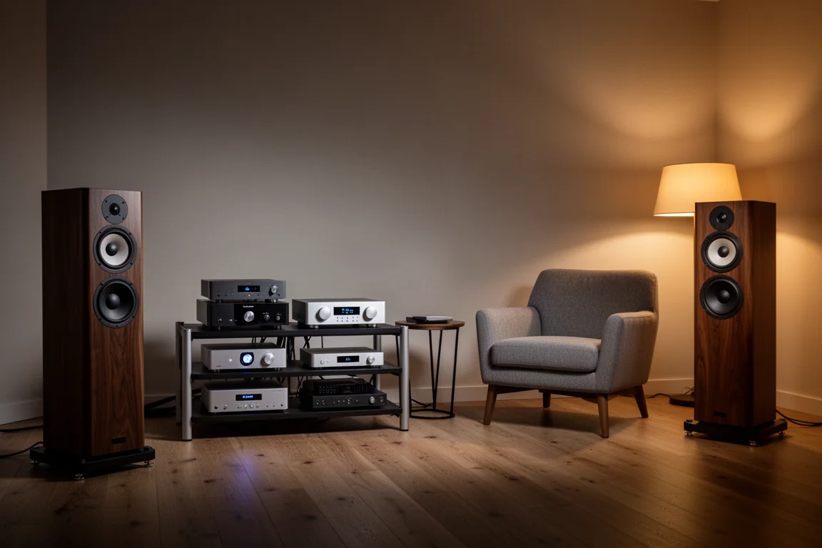 Sala d'ascolto silenziosa al crepuscolo con un mobile rack basso e diffusori da pavimento