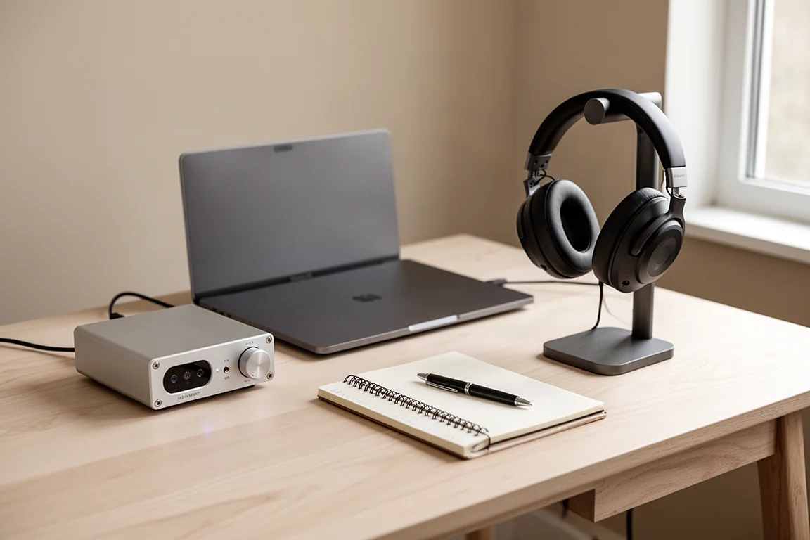 Impianto hi-fi da scrivania con un piccolo DAC, cuffie su un supporto e un portatile chiuso