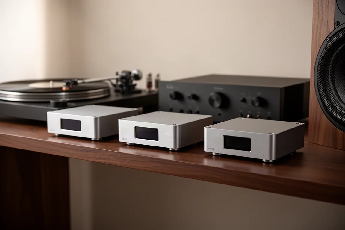 Three aluminium hi-fi DAC units spaced on a wooden rack shelf in a listening room