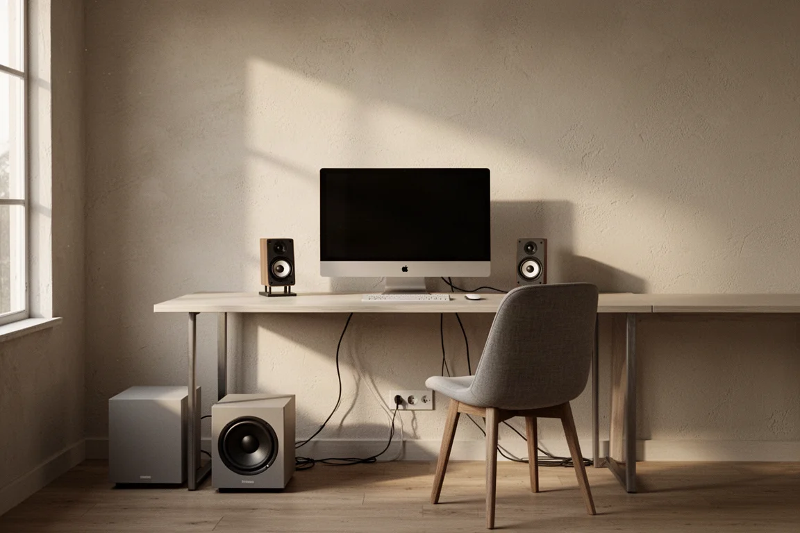 Scrivania da home office con monitor, diffusori e un subwoofer posizionato sul pavimento accanto a una sedia