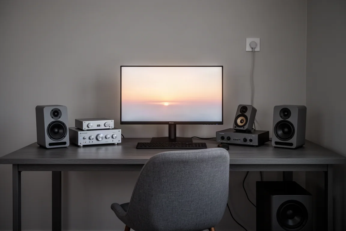 Scrivania da home office finita al crepuscolo con diffusori, amplificatore e un solo cavo visibile