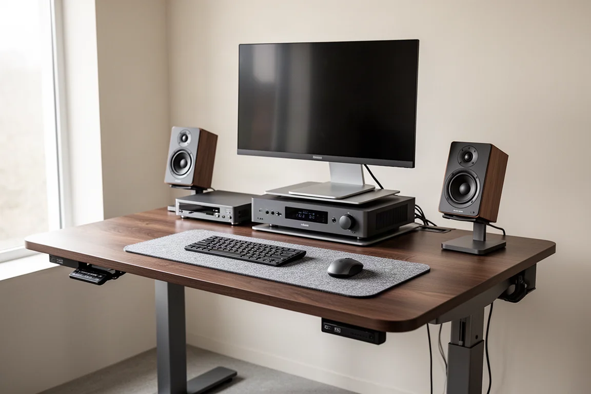 Sit-to-stand desk with monitor, amplifier, keyboard, mouse, desk mat and two small speakers
