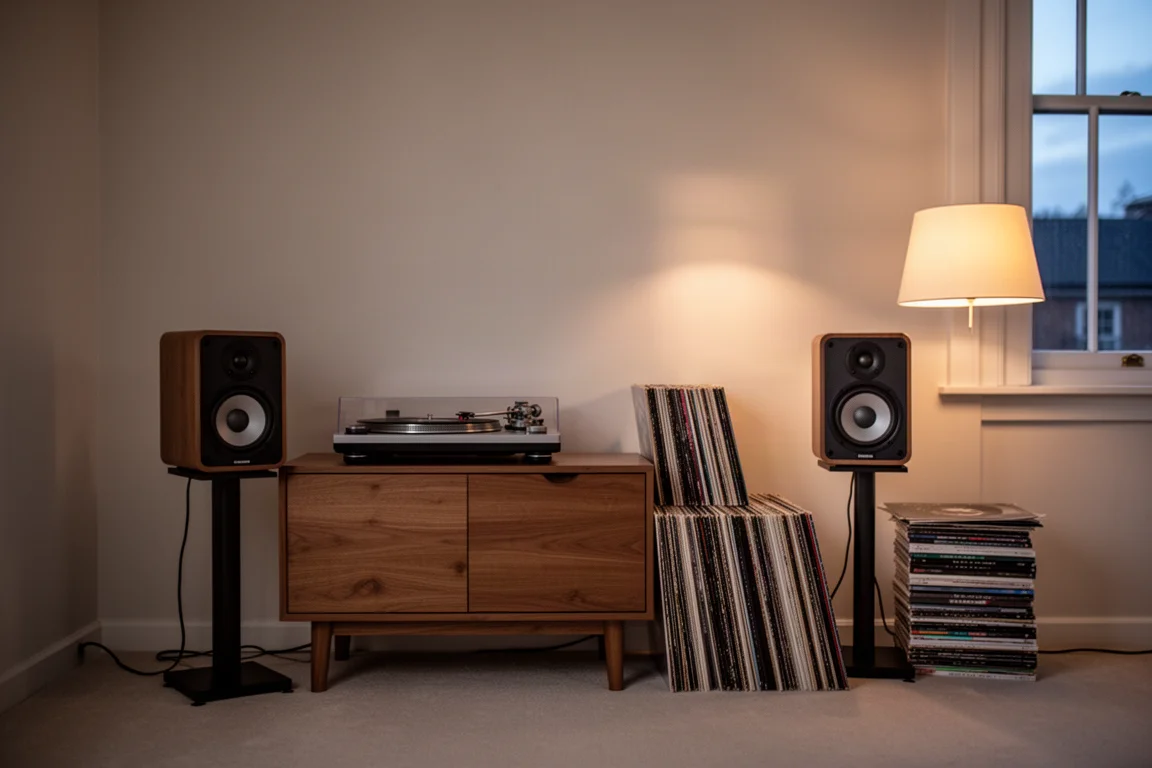 Small apartment listening room at dusk with bookshelf speakers, turntable and records