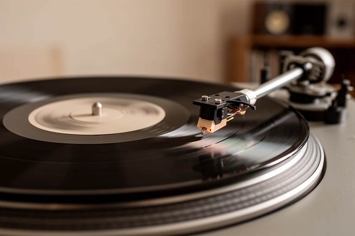Close-up of a vinyl record spinning on a turntable platter beneath a tonearm