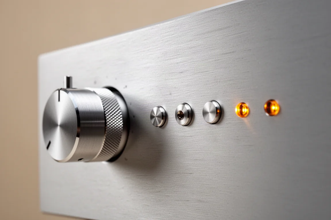 Macro detail of a brushed aluminium amplifier front panel with a rotary knob