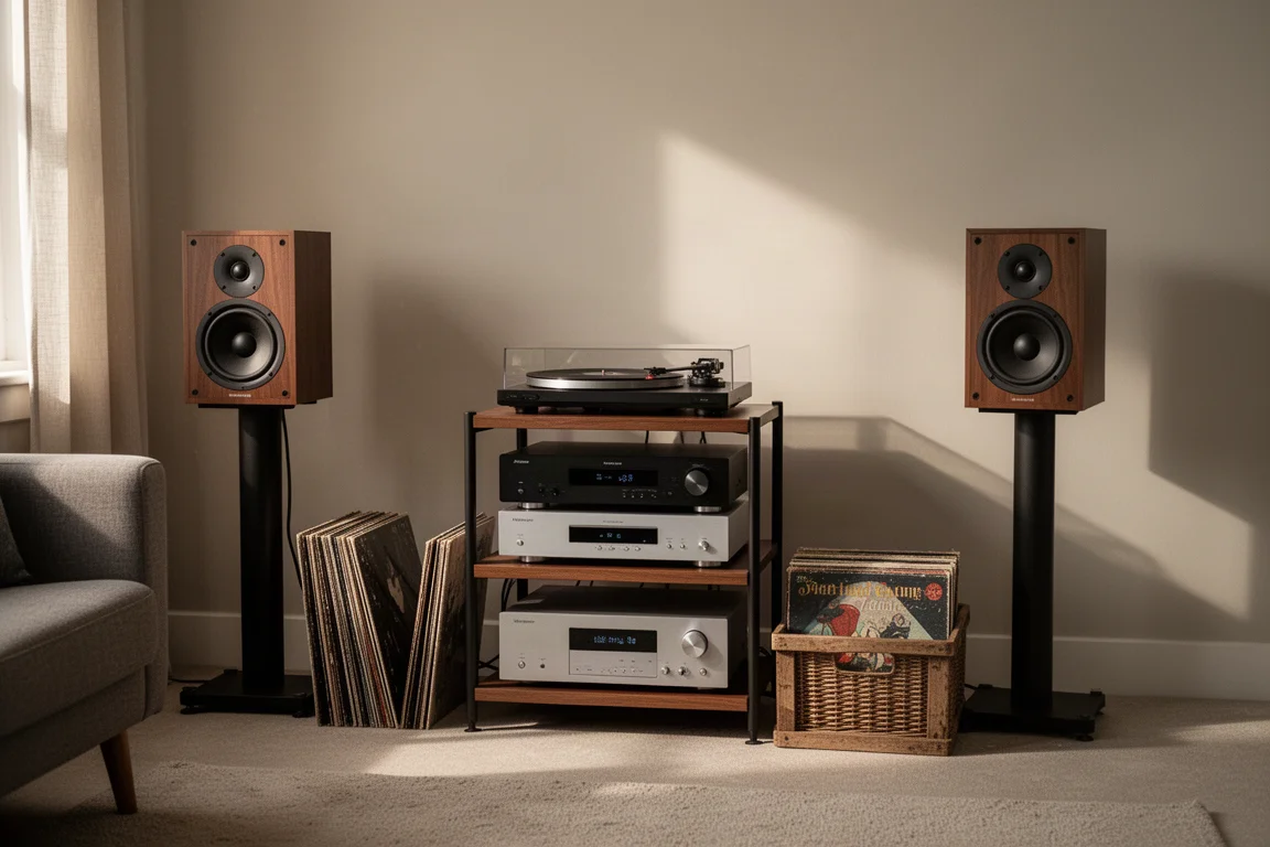 Compact hi-fi rack and bookshelf speakers in a modest living room with records
