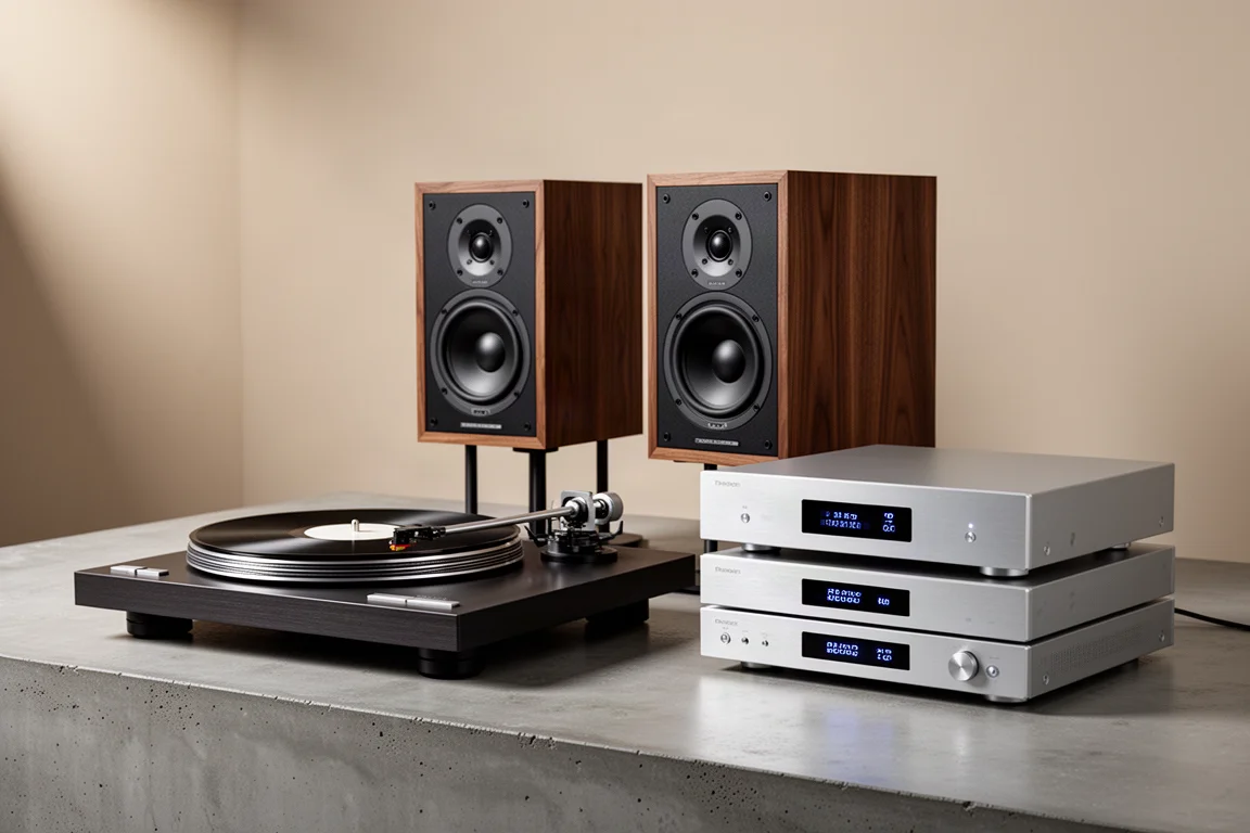 High-end hi-fi system with turntable, bookshelf speakers and aluminium components