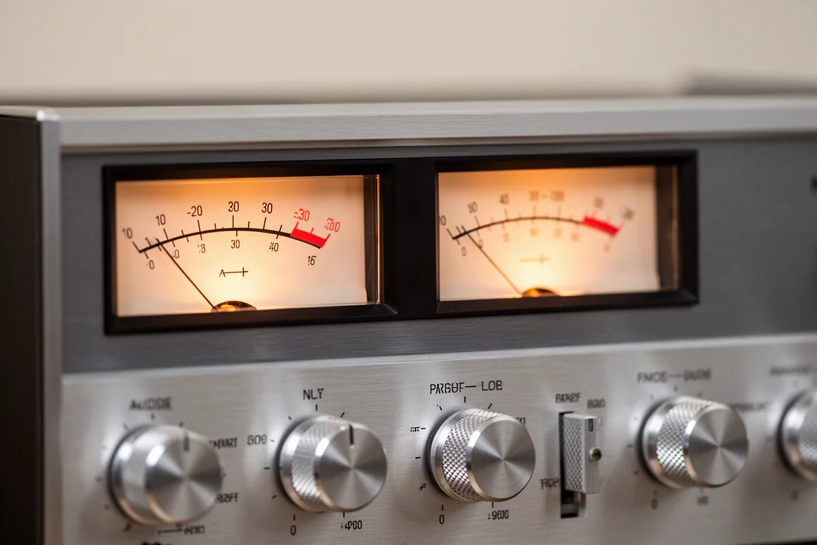 Amplificateur intégré compact sur une étagère en chêne près d'une pile de disques vinyle
