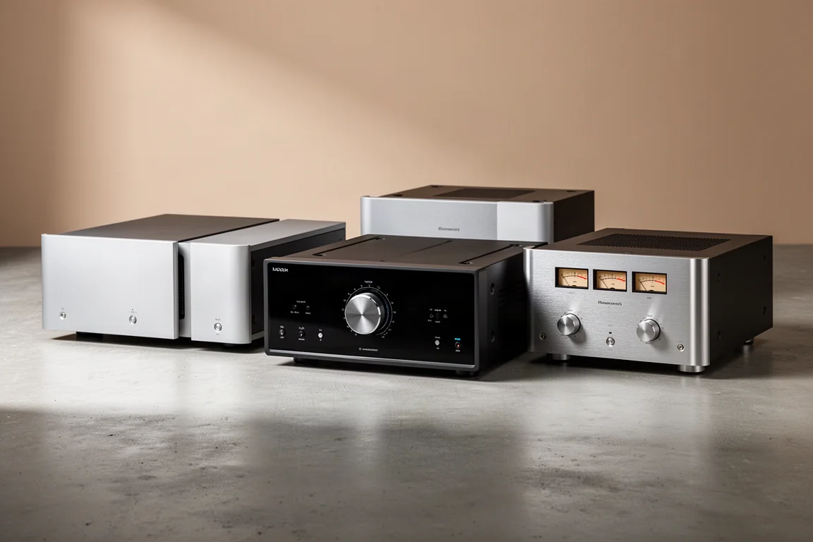 Five integrated amplifiers of different sizes and finishes arranged on a concrete surface