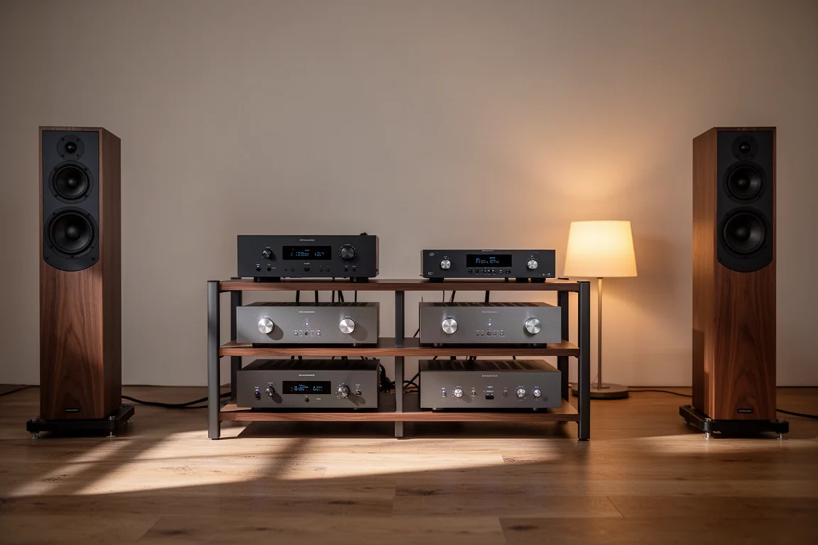 Hi-fi luisterruimte met een versterkerrack en vloerstaande luidsprekers in warm avondlicht