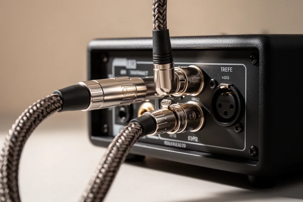 Close-up van gebalanceerde XLR-kabels aangesloten op het achterpaneel van een versterker