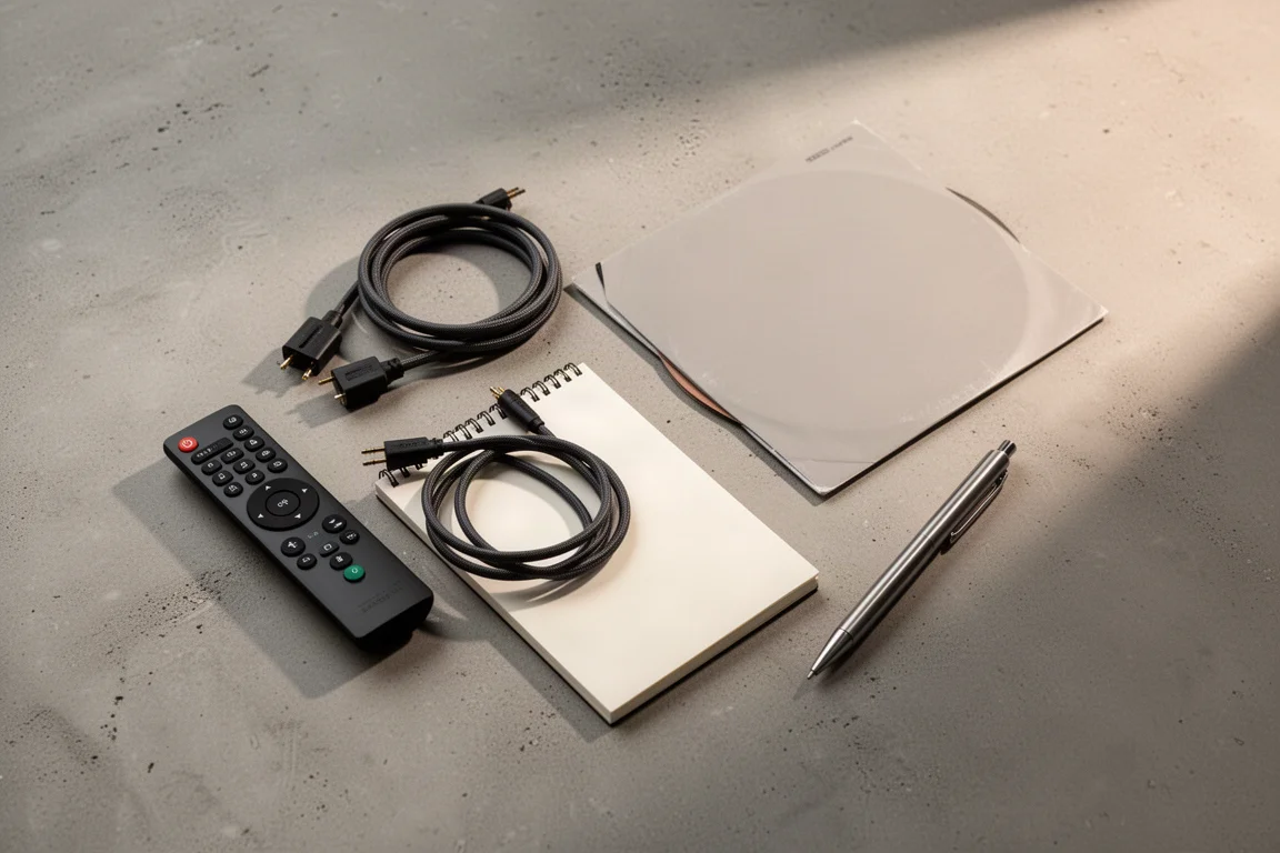 Bovenaanzicht van hi-fi accessoires op een matte betonnen ondergrond