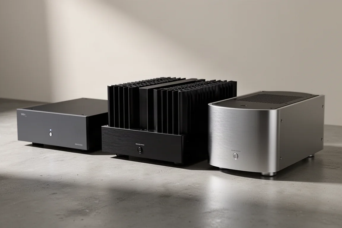 Three high-end power amplifiers arranged on a matte concrete surface in soft studio light