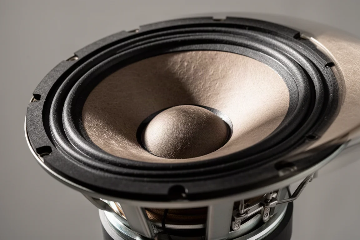 Primo piano di un grande cono woofer con luce radente sulla superficie in carta e sulla sospensione in gomma