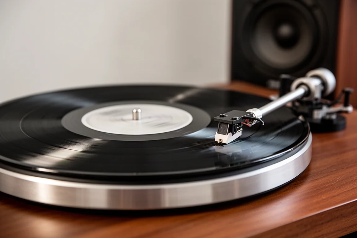 Disco in vinile che gira sul piatto del giradischi con il braccio che segue il solco