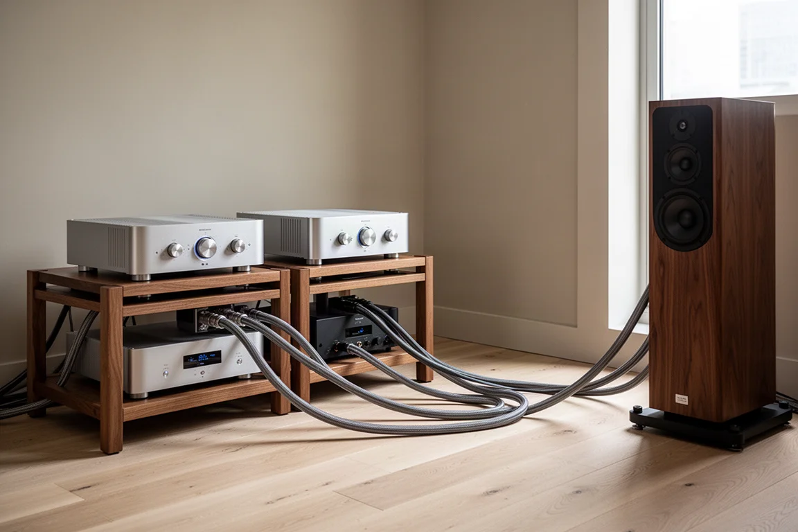 Angolo di showroom audio con amplificatori su un rack in legno e cavi di potenza su pavimento in rovere chiaro