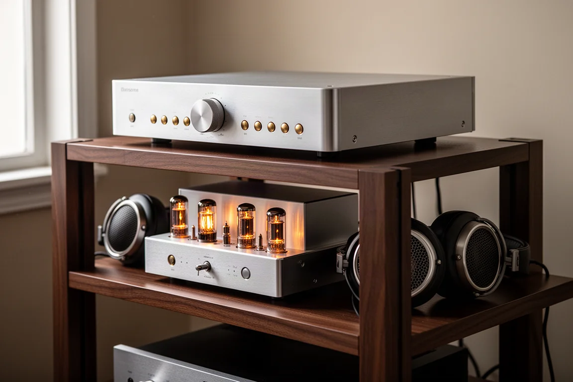High-end tube preamplifier and power amplifier stacked on a dark walnut audio rack