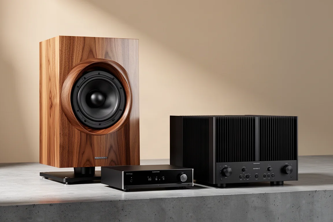 High-end loudspeaker, preamplifier and power amplifier arranged on a concrete surface